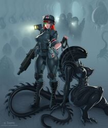 2d_(artwork) 5girls alien alien_(franchise) alien_girl armor belt big_breasts big_lips boots claws combat_boots curvy eleonore facehugger female_xenomorph firearm first_aid_kit glasses green_eyes gun headset helmet kneepads leash leash_and_collar lips medium_breasts military nipple_outline nipples pouch red_hair redhead shotgun space_station_13 submissive_female tail talons thick_thighs xenomorph xianetta