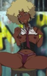 afro atsuko_jackson blonde_hair breasts cameltoe clothes_pull clothing dark-skinned_female dark_skin earrings eduardo_squidwardo female female_only grey_eyes gyaru high_resolution jewelry latina michiko_to_hacchin michiko_to_hatchin necktie nipples pantsu shirt shirt_lift shirt_pull sitting thesquiddycipher thong underwear