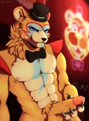 abs anthro balls biceps bodily_fluids bow_tie claws clothing crotch_tuft digital_media_(artwork) erection five_nights_at_freddy's five_nights_at_freddy's:_security_breach freddy_fazbear's_pizzeria_simulator fur gay genital_fluids genitals glamrock_freddy_(fnaf) headgear headwear hi_res looking_at_viewer male male/male male_only mammal muscular muscular_anthro muscular_male nipples nude pecs penis pubes scottgames simple_background solo ursid video_games xintro yaoi