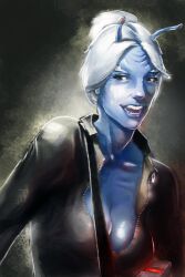 2011 alien andorian_(species) antennae_(anatomy) big_breasts blue_skin cleavage clothed eloovight female forehead_ridges freckles humanoid original_character solo star_trek star_trek_online white_hair