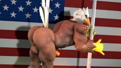 1boy 3d_(artwork) accipitrid accipitriform anthro ass avian bald_eagle balls beak big_butt bird bird_(petruz) bubble_butt digital_media_(artwork) eagle feathers flag genitals hi_res kyleroo male male_only muscular muscular_male nude penis petruz_(copyright) pole presenting presenting_hindquarters sea_eagle smile solo source_filmmaker stars_and_stripes united_states_of_america yellow_eyes