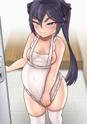 1girls apron apron_only areola_slip areolae bare_shoulders blush blushing blushing_at_viewer female futa futa_on_female futanari genshin_impact green_eyes looking_at_viewer mona_(genshin_impact) pregnant purple_hair stockings sweat sweatdrop thick_thighs toonnik twintails wide_hips