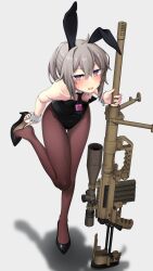 1girls blush bunny_ears bunny_girl bunnysuit condom female female_only flat_chest footwear girls'_frontline gun handwear legwear looking_at_viewer m200_(girls_frontline) necktie pantyhose purple_eyes rifle shoes short_hair sniper_rifle sweat