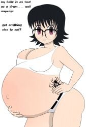 1girls belly belly_stuffing big_belly big_breasts black_hair bloated bloated_belly breasts cleavage english_text fat fat_woman female female_only glasses hunter_x_hunter large_breasts shab-eru shizuku_murasaki solo stretch_marks stuffed stuffed_belly stuffing text