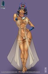 1girls beckoning big_breasts black_hair dark-skinned_female egyptian female female_only green_eyes jewelry large_breasts looking_at_viewer revealing_clothes shiny_skin solo solo_female theblackpharaoh thick_thighs