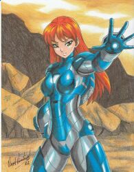 2022 avengers avengers:_endgame blue_armor breastplate dated female female_focus female_only green_eyes hand_drawn helmet_removed iron_man_(series) long_hair looking_at_viewer marvel marvel_cinematic_universe marvel_comics pepper_potts ravern_clouk red_hair rescue_(marvel) signature smirk superheroine