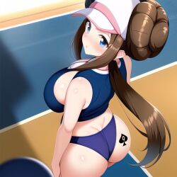 1girls ai_generated ass bloomers blue_eyes blush breasts brown_hair cap double_bun female_focus female_only game_freak hair_bun large_ass large_breasts nai_diffusion nintendo oresam pokemon pokemon_(game) pokemon_bw2 queen_of_spades rosa_(pokemon) solo sports_bra stable_diffusion standing tattoo thick_thighs twintails voluptuous