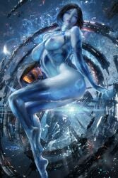 2d artificial_intelligence big_breasts blue_skin breasts cortana halo_(series) halo_4 hologram legs medium_hair nipples nude photorealism photorealistic realistic sakimichan sitting thighs topless