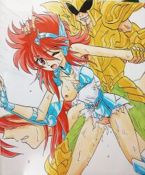 1girls anal_sex armor big_ass bigger_male breasts bronze_saints equuleus_shoko evil_smile female human open_mouth pale-skinned_female pale_skin saint_seiya saint_seiya_saintia_sho semen_on_ass sex_from_behind violation