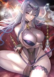 absurd_res bangs bikini breasts bridal_gauntlets circlet cleavage elf highres hitowa hookah jewelry large_breasts light-skinned_female long_hair looking_at_viewer navel original pelvic_curtain pointy_ears purple_eyes purple_hair revealing_clothes ring see-through sitting smile smoke solo