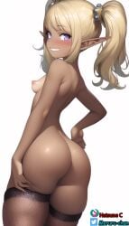 ai_generated areolae ass blonde_hair blush breasts completely_nude dark_elf dark_skin elf erect_nipples female fishnets grin hand_on_hip hatsune_c large_ass looking_at_viewer looking_back narvel_meruru nipples nude petite purple_eyes small_breasts small_female smile standing thick_thighs thighhighs thighs tied_hair turning_head twintails wide_hips