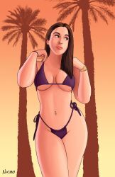 bare_shoulders beach belly_piercing bikini bracelet breasts brown_eyes brown_hair chica_tipo cleavage embarrassed expressionless female female_only femsub grand_theft_auto grand_theft_auto_online huge_breasts long_hair navel nichoilustrado original_character palm_tree posing purple_bikini solo unamused
