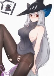 absurdly_long_hair arknights big_breasts black_headwear black_legwear black_sweater blush breasts doctor_(arknights) female grey_hair hat highres inniyik knee_up large_breasts long_hair looking_at_viewer meme_attire object_insertion pantyhose red_eyes sideboob simple_background skadi_(arknights) solo speech_bubble spoken_character sweater thighband_pantyhose torn_clothes torn_legwear turtleneck turtleneck_sweater vaginal_object_insertion vaginal_penetration very_long_hair virgin_killer_sweater white_background