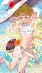 1girls alternate_costume armpits arms_up ass_visible_through_thighs beach bikini blonde_hair bracelet breasts cloud cloudy_sky earrings eitri_(fire_emblem) english_commentary female female_only fire_emblem fire_emblem_heroes flower haru_(nakajou-28) hat highres jewelry long_hair looking_at_viewer navel nintendo ocean red_eyes sandals shore sky small_breasts smile solo source_larger swimsuit tri_tails underboob wavy_hair white_bikini white_swimsuit