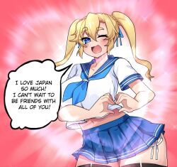 1girls blonde_hair blue_eyes chloe_(osiimi) comic english_text heart heart-shaped_pupils huge_breasts lewdweather merryweather original original_character osiimi pantyshot pose posing school_uniform schoolgirl short_skirt side-tie_panties speech_bubble text text_bubble thick_ass thick_thighs thighhighs twintails