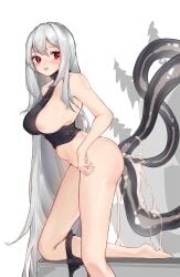 absurdly_long_hair arknights black_panties black_shirt bottomless breasts cum cum_in_pussy female grey_hair highres inniyik large_breasts long_hair looking_at_viewer multiple_vaginal_insertions nipples no_hat no_headwear one_breast_out open_mouth overflow panties panties_around_one_leg red_eyes shirt skadi_(arknights) stomach_bulge tentacle tentacle_sex underwear upper_body vaginal_penetration very_long_hair