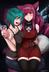 2girls animal_ears blush cat_ears drunk eye_patch pink_hair ringlets sei_asagiri stella_hoshii tastykuri thick_thighs thighhighs va-11_hall-a yuri