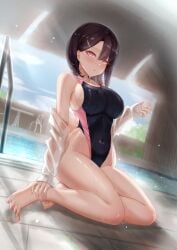 busty can_zhu female female_only one-piece_swimsuit original original_character pool solo solo_female swimsuit wet