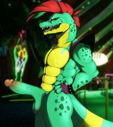 1boy abs alligator alligatorid anthro ass balls biceps big_muscles big_penis boner crocodilian digital_media_(artwork) erection eyewear five_nights_at_freddy's five_nights_at_freddy's:_security_breach genitals green_body hair hi_res looking_at_viewer male male_only montgomery_gator_(fnaf) muscular muscular_anthro muscular_male nipples nude open_mouth pecs penis red_eyes red_hair reptile scalie scottgames simple_background smile solo teeth tongue triceps vein video_games wide_hips xintro