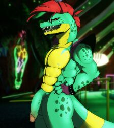 abs alligator alligatorid anthro ass balls ballsack biceps big_muscles crocodilian digital_media_(artwork) eyewear five_nights_at_freddy's five_nights_at_freddy's:_security_breach flaccid flaccid_penis foreskin genitals green_body hi_res humanoid_penis intact looking_at_viewer male male_nipples male_only mohawk_(hairstyle) montgomery_gator_(fnaf) muscular_anthro muscular_male nude nude_male open_mouth pecs penis red_eyes red_hair reptile retracted_foreskin scalie scottgames scrotum simple_background smile solo tail teeth testicles triceps uncut veiny_penis video_games wide_hips xintro