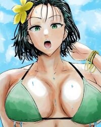 1girls beach big_breasts bikini bikini_top black_hair breasts close-up colored daraz18aka dark_green_hair dark_hair eyeshadow female female_focus female_only fubuki_(one-punch_man) green_eyes green_hair jewelry light-skinned_female light_skin lips looking_at_viewer medium_hair midriff one-punch_man open_mouth seductive seductive_eyes seductive_look short_hair solo solo_focus water wet