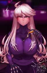 1girls ahoge alma_armas blonde_hair dark-skinned_female glasses large_breasts long_hair looking_at_viewer pouring_on_breasts pouring_on_self robot_hands sweater tastykuri turtleneck va-11_hall-a wine