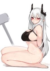 :o after_sex after_vaginal arknights arms_behind_back black_bra blush bottomless bound bra breasts cum cum_in_pussy cum_on_body cum_on_legs cumdrip demon_horns facial female from_side full_body grey_hair hair_between_eyes horns inniyik large_breasts looking_at_viewer mudrock_(arknights) red_eyes rope seiza simple_background sitting solo underwear war_hammer weapon white_background