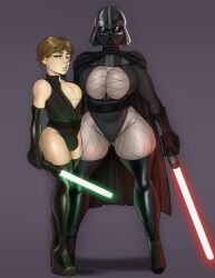 1boy 1girls ? anakin_skywalker big_breasts black_boots black_cape black_gloves black_high_heel_boots blonde_hair blue_eyes bulge bulge_through_clothing cape crossdressing darth_vader detnox femboy feminine_male fishnet_legwear fishnets girly green_lightsaber helmet high_heel_boots huge_breasts jedi large_breasts lightsaber looking_at_viewer luke_skywalker male mother_and_son red_lightsaber rule_63 sith star_wars tagme trap