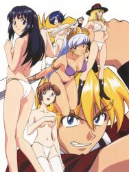 1boy 5girls absurdres aoi_natsu armlet ass bangs bare_shoulders bikini black_hair blonde_hair blue_eyes blue_hair boots bracelet breasts brown_hair cameltoe carrie_white cleavage collarbone covered_erect_nipples covering covering_breasts cowboy_hat crotch_seam crown cute dark-skinned_female dark_skin erola_suppaatoka fundoshi green_eyes hair_ornament hair_over_one_eye hair_stick hat headband high_heel_boots high_heels high_ponytail highres holding holding_sword holding_weapon honoo_no_labyrinth japanese_clothes jewelry kasumi_(honoo_no_labyrinth) labyrinth_of_flames large_breasts legs light-skinned_female light_skin long_hair looking_at_viewer medium_breasts multiple_girls nastassja_nijinsky navel nipples_visible_through_bikini nipples_visible_through_clothing no_bra official_art open_mouth panties ponytail red_eyes red_lips scan short_hair silver_hair simple_background smile smiling socks standing swimsuit sword tabi tan thighhighs thighs tiara topless underwear underwear_only weapon white_background white_legwear white_panties yamauchi_noriyasu