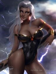 1girls african african_female big_breasts cleavage dark-skinned_female female female_only fully_clothed lightning marvel marvel_comics mutant ororo_munroe rain raining shurakrgt solo storm_(x-men) thick_thighs white_eyes white_hair white_nails x-men