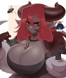 1girls breasts chocolate cleavage clothed clothing dragon_girl dress female female_only food fully_clothed grey_skin horns huge_breasts humanoid kanel long_ears long_hair looking_at_viewer orange_eyes original pocky red_hair sinder sitting solo tail thick_thighs valentine's_day wide_hips