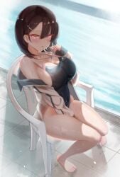 busty can_zhu cleavage female female_only looking_at_viewer one-piece_swimsuit original original_character pool solo solo_female swimsuit wet