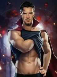 1boy abs beard benedict_cumberbatch big_arms black_hair blue_eyes cape celebrity dark_hair disney doctor_strange magic male male_only marvel marvel_comics muscular muscular_arms muscular_male nerdyart solo sorcerer