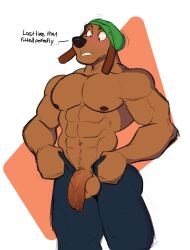 abs absurd_res anthro balls biceps blush bottomwear brown_body brown_fur canid canine canis clenched_teeth clothed clothing digital_media_(artwork) domestic_dog dough_(character) english_text floppy_ears fur genitals hat headgear headwear hi_res humanoid_genitalia humanoid_penis male mammal muscular muscular_anthro muscular_male nipples open_bottomwear open_clothing open_pants pants pecs penis randy_d_raccoon shirtless simple_background solo solo_focus surprised_expression teeth teeth_showing text