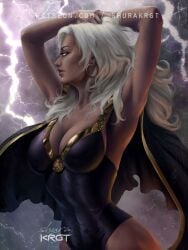 1girls african african_female big_breasts cleavage dark-skinned_female female female_only fully_clothed lightning marvel marvel_comics mutant ororo_munroe rain raining shurakrgt solo storm_(x-men) thick_thighs white_eyes white_hair x-men