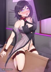 bare_shoulders barefoot black_hair blue_eyes blush bondage breasts cleavage collar ear_piercing female girls'_frontline highres hypnosis intruder_(girls'_frontline) large_breasts looking_at_viewer mind_control navel piercing pussy pussy_juice short_hair sitting tongue tongue_out vahn_yourdoom wooden_horse