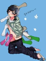 1boy artist_request ass bad_id bad_pixiv_id belt black_hair blue_background blue_hair clothes_lift clothes_pull holding_hands hood hoodie male_focus masturbation mi_(user_mtgh3783) multiple_others niconico open_clothes open_shirt pants pants_pull penis shirt_lift shoes soraru star_(symbol) tagme tears utaite_(singer) vocaloid yaoi
