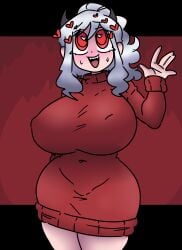 blush digital_drawing_(artwork) digital_media_(artwork) heart-shaped_pupils helltaker inakotho large_breasts modeus_(helltaker) nipple_bulge nipples_visible_through_clothing no_bra oversized_clothes red_eyes straight_hair sweater sweating tagme white_hair