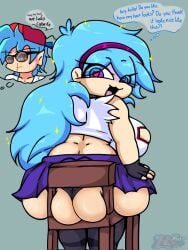 1boy1girl back_view big_ass big_breasts big_butt black_panties black_thong blue_hair blue_hair_female boyfriend_(friday_night_funkin) breasts chair chubby chubby_female english english_commentary english_subtitles english_text female friday_night_funkin friday_night_funkin_mod glasses huge_ass huge_butt light-skinned_female light_skin male male/female no_sex p.legacy_fnf panties purple_eyes rule_63 sitting sitting_on_chair skyblue skyblue_(friday_night_funkin) skyverse spanish spanish_dialogue spanish_text thick_ass thick_legs thighs thong twitter twitter_link voluptuous voluptuous_female