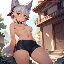 ai_generated aiwaifudesings animal_ears bike_shorts blush breasts female flat_chest gray_hair hat looking_at_viewer nipples outdoors patreon_username smile solo tail topless yellow_eyes