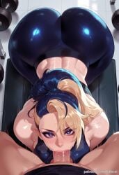 1boy ai_generated akali akali_jhomen_tethi ass balecxi blonde_hair blue_eyes blue_hair fellatio female heart heart-shaped_pupils k/da_(league_of_legends) large_breasts league_of_legends looking_at_viewer multicolored_hair oral penis ponytail pov straight sweat symbol-shaped_pupils tight_clothes tight_pants uncensored