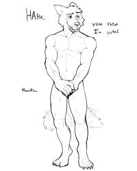 1boy covering embarrassed embarrassed_nude_male jrjresq male monochrome tagme tailwag text