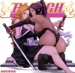 2girls aosora ass big_ass big_breasts bleach bleach:_the_thousand-year_blood_war blonde_hair bra breasts busty cleavage curvy dark-skinned_female dark_skin dat_ass female female_only huge_breasts leotard light-skinned_female light_skin logo long_hair looking_at_viewer looking_back matsumoto_rangiku mature_female orange_hair ponytail pose purple_hair shihakusho shihouin_yoruichi skimpy skimpy_clothes suggestive sword swords undressing voluptuous