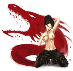 1girls breasts brown_hair ddv03 dragon_age dragon_age_origins female finger_to_mouth hand_behind_head kneeling large_breasts lipstick morrigan_(dragon_age) nipples ponytail posing solo topless yellow_eyes