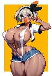 1girls abs adapted_costume ai_generated areola areolae barely_clothed bea_(pokemon) big_breasts bimbo bimbo_body bimbo_lips bimbofication bimbofied blush breasts cameltoe choker colored_nails colored_skin cropped_jacket dark-skinned_female dark_skin eyeshadow female grey_eyes grey_hair hair_ribbon hand_on_hip hand_on_own_hip hand_up huge_ass huge_breasts jacket lipstick long_eyelashes long_fingernails long_nails massive_breasts micro_shorts mostly_nude muscles muscular muscular_bimbo muscular_female navel nipple_bulge novelai peace_sign pokemon pokemon_ss puckered_lips rolled_up_sleeves seductive seductive_look seductive_smile short_hair short_shorts shorts simple_background sleeves_rolled_up sling_bikini slingshot_swimsuit smile solo solo_female swimsuit tgm101_(artist) thick_lips thick_thighs thin_waist wide_hips