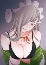 1girls :q bangs bare_shoulders black_bra black_clothes black_underwear blush bra breasts clavicle cleavage clothing dungeon_ni_deai_wo_motomeru_no_wa_machigatteiru_darou_ka earrings female grey_eyes grey_hair hair_over_one_eye headwear hi_res highres horn_(danmachi) jewelry large_breasts long_hair looking_at_viewer maid_headdress neck_ribbon off_shoulder png ribbon rika_rkgk solo sweatdrop tongue tongue_out underwear