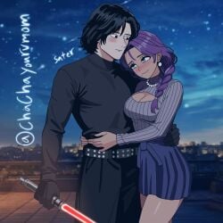 1boy 1girls adam_driver ben_solo black_eyes black_hair blue_eyes cha_cha_(vtuber) clothed clothed_female clothed_male clothing couple crossover duo duo_focus eyebrows eyelashes female female_focus kylo_ren lightsaber long_hair lucasfilm male male/female male_and_female male_and_female_focus purple_hair red_saber saber saterxgaming sfw star_wars straight the_force_awakens the_last_jedi the_rise_of_skywalker virtual_youtuber vtuber