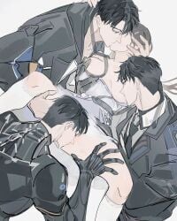 3boys black_hair black_jacket black_necktie breast_sucking caleb_(love_and_deepspace) clothes_pull cunnilingus cyborg dress dress_pull female french_kiss grabbing_another's_breast groping group_sex hand_on_another's_head hand_on_another's_thigh highres jacket kissing long_hair love_and_deepspace lrrcakie multiple_boys multiple_persona necktie nipple_stimulation nipple_tweak official_alternate_costume oral protagonist_(love_and_deepspace) spread_legs very_long_hair white_dress