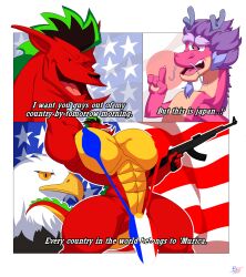 2025 2boys 2d 2d_(artwork) abs accipitrid accipitriform american_dragon:_jake_long anthro anthro_only asian asian_male avian bald_eagle bara barely_clothed big_muscles big_pecs big_penis bird blue_goatee blue_hair blue_horns blue_mankini blue_whiskers bobthetanuki bodybuilder buff butt_from_the_front claws comic country_mankini crossover curvy daddy dialogue digital_drawing_(artwork) digital_media_(artwork) dot_eyes dragon dragon_humanoid eagle eastern_dragon eight_pack english_text extrasizedbob facial_hair firearm flag french_flag furry gay goatee green_highlights grin grinning gun hair half-closed_eyes holding_gun holding_object horns humanoid hyper hyper_muscles hyper_pecs jake_long japan_flag long_(wish_dragon) low-angle_view male male_breasts male_focus male_only mankini meme moobs multicolored_body multicolored_fur multicolored_hair multicolored_scales muscular muscular_male mythological_creature mythological_scalie navel netflix nipple_outline nipples no_humans non-human pecs penis penis_exposed_on_mankini penis_outline penis_peek pink_body pink_fur pink_scales pose posing purple_hair red_body red_mankini red_scales rifle scales scalie scalie_humanoid smile smiling tail thick_thighs thighs thong tongue twitter_link two_tone_body two_tone_fur two_tone_hair underwear whiskers white_mankini wide_hips wish_dragon yellow_countershading