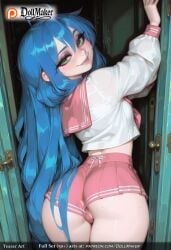 ahoge ai_generated ass bangs blue_hair blush bra bra_visible_through_clothes breasts closed_mouth dollmaker eyebrows_visible_through_hair female from_behind green_eyes hair_between_eyes indoors izumi_konata long_hair long_sleeves looking_at_viewer looking_back mole mole_on_ass mole_on_thigh mole_under_eye panties pink_bra pink_panties pink_skirt pleated_skirt pussy ryouou_school_uniform sailor_collar school_uniform see-through serafuku shirt skirt smile solo sweat tagme thighhighs underwear very_long_hair wet wet_clothes wet_shirt white_shirt